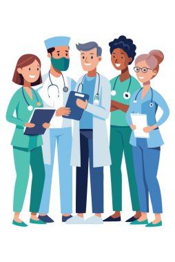 Hastanedeki bir grup doktor ve hemşire hasta dosyalarını inceliyor ve tedavi seçeneklerini tartışıyor..