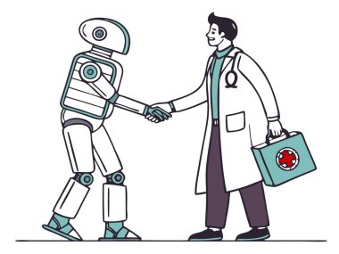 Doktordan robota ilaç tedavisi ve beyaz arka planda izole edilmiş sağlık vektör görüntüsü için tokalaşma.