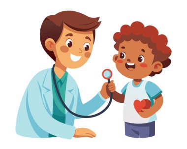 Genç bir çocuğun kalp atışlarını kontrol etmek için steteskop kullanan arkadaş canlısı bir çocuk doktoru, beyaz arka planda izole edilmiş, şefkatli ve nazik bir ifadeyle..