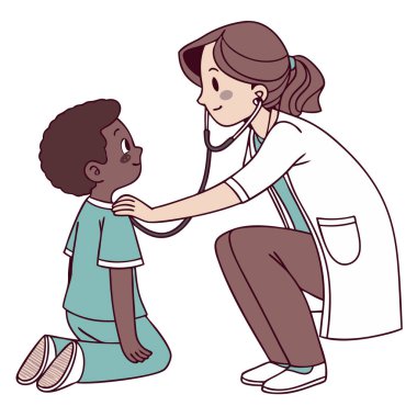 Genç bir çocuğun kalp atışlarını kontrol etmek için steteskop kullanan arkadaş canlısı bir çocuk doktoru, beyaz arka planda izole edilmiş, şefkatli ve nazik bir ifadeyle..