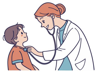 Genç bir çocuğun kalp atışlarını kontrol etmek için steteskop kullanan arkadaş canlısı bir çocuk doktoru, beyaz arka planda izole edilmiş, şefkatli ve nazik bir ifadeyle..