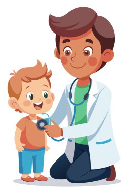 Genç bir çocuğun kalp atışlarını kontrol etmek için steteskop kullanan arkadaş canlısı bir çocuk doktoru, beyaz arka planda izole edilmiş, şefkatli ve nazik bir ifadeyle..