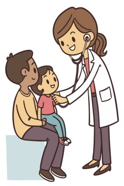 Genç bir çocuğun kalp atışlarını kontrol etmek için steteskop kullanan arkadaş canlısı bir çocuk doktoru, beyaz arka planda izole edilmiş, şefkatli ve nazik bir ifadeyle..