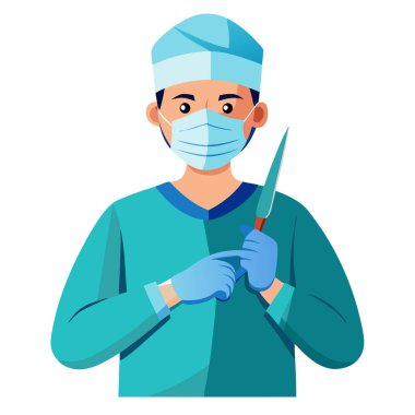 Cerrahi maske, eldiven ve önlük takan bir cerrah neşter tutuyor ve ameliyata hazırlanıyor..