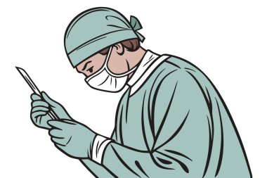 Cerrahi maske, eldiven ve önlük takan bir cerrah neşter tutuyor ve ameliyata hazırlanıyor..