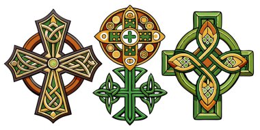 Farklı stillerde karmaşık bir şekilde tasarlanmış Kelt haçları koleksiyonu. İçinde taş dokular, ahşap oymalar ve beyaz arka planda izole edilmiş süslemeler var..