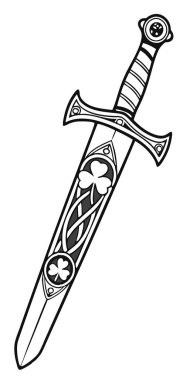 Beyaz arka planda izole edilmiş yonca ve altın aksanlı, Kelt tarzı ayrıntılı bir kılıç..