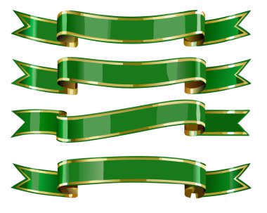 Altın kaplamalı yeşilin tonlarında dekoratif kurdele koleksiyonu. Metin yerleştirme için ideal, beyaz arka planda izole edilmiş..