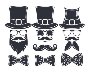 İrlanda temalı aksesuarlar koleksiyonu. Beyaz arka planda izole edilmiş leprikon şapkalar, papyonlar, bıyıklar ve güneş gözlükleri..