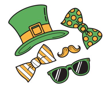 İrlanda temalı aksesuarlar koleksiyonu. Beyaz arka planda izole edilmiş leprikon şapkalar, papyonlar, bıyıklar ve güneş gözlükleri..