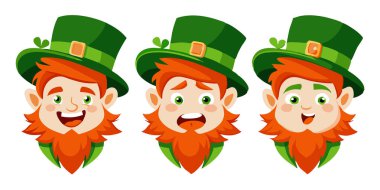 Mutlu ve haylaz 'dan şaşırmış ve huysuz' a, beyaz bir arka planda izole edilmiş farklı leprikon yüz ifadeleri koleksiyonu..