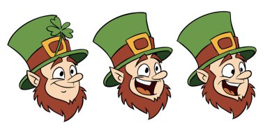 Mutlu ve haylaz 'dan şaşırmış ve huysuz' a, beyaz bir arka planda izole edilmiş farklı leprikon yüz ifadeleri koleksiyonu..