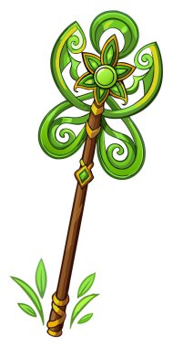 Parlayan yonca ve Kelt gravürleriyle kaplanmış, beyaz bir arka planda izole edilmiş tuhaf bir değnek..