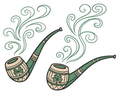 Beyaz arka planda izole edilmiş yonca desenleri oluşturan tuhaf dumanlı ahşap leprikon borular..
