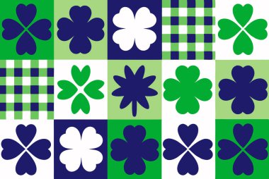 Çeşitli şekil ve boyutlarda yonca siluetleri. Beyaz arka planda katı, özenle çizilmiş ve desenli tasarımlar var..