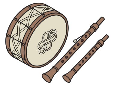 Geleneksel İrlanda davulları (bodhrn) ve beyaz arka planda izole edilmiş Kelt gravürlü ahşap flütler içeren bir İrlanda müzik enstrümanları koleksiyonu..