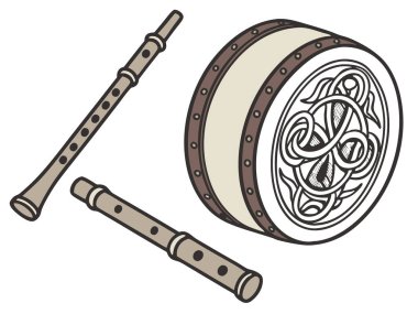 Geleneksel İrlanda davulları (bodhrn) ve beyaz arka planda izole edilmiş Kelt gravürlü ahşap flütler içeren bir İrlanda müzik enstrümanları koleksiyonu..