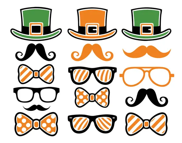 İrlanda temalı aksesuarlar koleksiyonu. Beyaz arka planda izole edilmiş leprikon şapkalar, papyonlar, bıyıklar ve güneş gözlükleri..