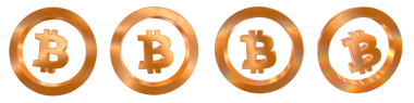 Şeffaf bir arkaplanda izole edilmiş altın ve gökkuşağı efektli 4 boyutlu bitcoin ana hatları. Grafik tasarımı için 3B ögeler.