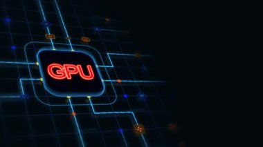 Yuvarlak bir dikdörtgen şeklinde kırmızı 3d GPU, parlak devre, çizgi bağlantıları ve koyu arkaplanın solunda mavi ızgara, yatay bileşim. Grafik tasarımı için animasyon görüntülerini döndür.