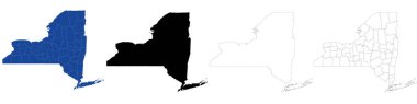 Amerika Birleşik Devletleri 'nin 4 adet New York eyaleti vektör haritası şeffaf bir arkaplanda izole edildi. Bölgelerin mavi ve beyaz çizgili haritası. Siyah siluet ve taslak. Grafik tasarımı için vektör.