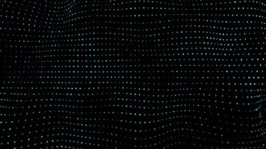 Mavi parlayan dairesel parçacıklar koyu soyut bir zemin üzerinde dalgalanır, yatay bileşim. Trapcode dijital parçacık formu. Standart hız. Grafik tasarımı için animasyon görüntülerini döndür.