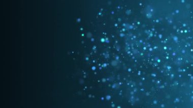 Mavi parlayan dairesel partiküller tam ortada uçuşan toz parçacıkları soyut bir arka planda, bokeh etkisi, yatay bileşim. Grafik tasarımı için animasyon görüntülerini döndür.