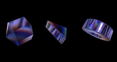 Siyah arka planda koyu mavi metal ve gökkuşağı efektleriyle 3 boyutlu element animasyonu. Standart hız. Grafik tasarımı için 3d element canlandırma görüntüleri.