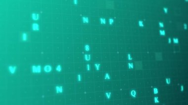 Teal parlak harfleri ve sayılar matrisi soyut arkaplan, yatay kompozisyon. Teknoloji geçmişi. Yavaş sürüm.
