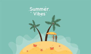 Yaz dönemi arka plan ve yaz titreşimleri için yaz illüstrasyon vektör günü, tropikal plaj arka planı