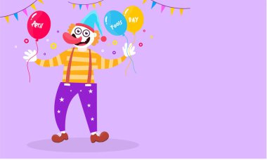 Eğlenceli ve eğlenceli bir 1 Nisan şakaları, komik ifadeler, palyaço unsurları ve mizahi ikonlar içeren bir tasarım.