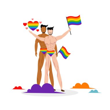 LGBTQ unsurları, gurur bayrakları, cinsiyet sembolleri, aşk simgeleri ve çeşitliliği, eşitliği ve özgürlüğü kutlayan renkli çizimler