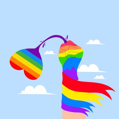LGBTQ unsurları, gurur bayrakları, cinsiyet sembolleri, aşk simgeleri ve çeşitliliği, eşitliği ve özgürlüğü kutlayan renkli çizimler