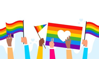 LGBTQ unsurları, gurur bayrakları, cinsiyet sembolleri, aşk simgeleri ve çeşitliliği, eşitliği ve özgürlüğü kutlayan renkli çizimler