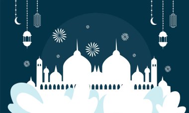 ramadan kareem eid-al fitr poster template with ornament lettern and mosque vector background design