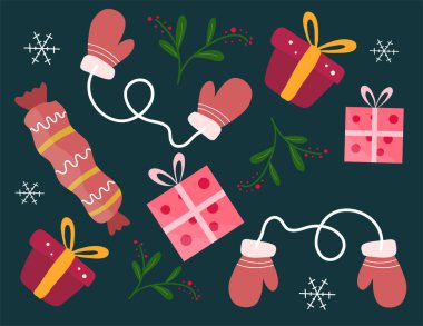 Noel Baba, ağaç ve hediye kutularıyla Noel süslemeleri ve mutlu noeller için bir sürü şey.