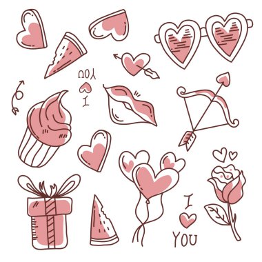 Sevgililer Günü için karalama stili çıkartma dekorasyonu seti
