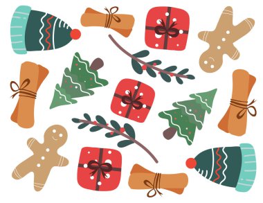 Noel Baba, ağaç ve hediye kutularıyla Noel süslemeleri ve mutlu noeller için bir sürü şey.