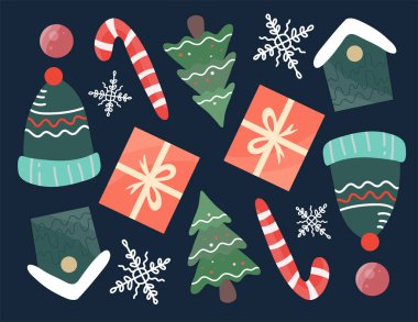 Noel Baba, ağaç ve hediye kutularıyla Noel süslemeleri ve mutlu noeller için bir sürü şey.