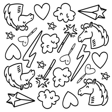 Komik çocuklar tek boynuzlu at demet vektör tasarımı 