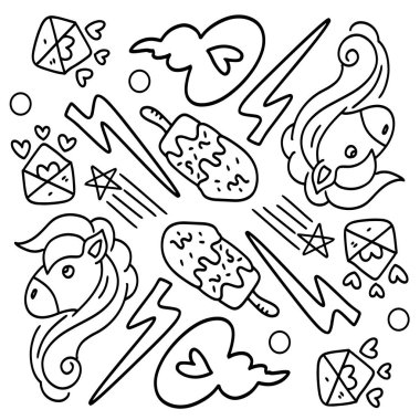 Komik çocuklar tek boynuzlu at demet vektör tasarımı 