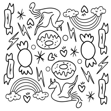 Komik çocuklar tek boynuzlu at demet vektör tasarımı 