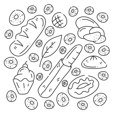 Pastane ekmeği ve kek karalama sanatı yiyecek ve içecek kaynakları için sıra tarzı bir paket. 