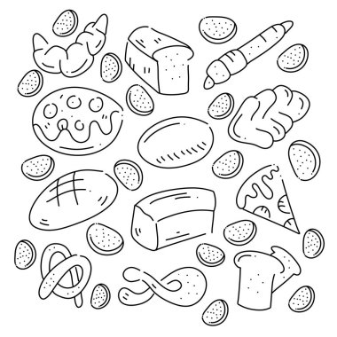 Pastane ekmeği ve kek karalama sanatı yiyecek ve içecek kaynakları için sıra tarzı bir paket. 