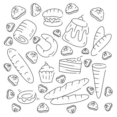 Pastane ekmeği ve kek karalama sanatı yiyecek ve içecek kaynakları için sıra tarzı bir paket. 