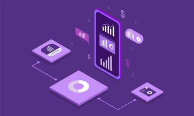 Isometric Computing Business Illustration Vector Modern izometrik vektör çizimi dijital cihazlar, ofis kurulumu, takım çalışması ve bulut teknolojisi içeren bir bilgisayar işi konsepti