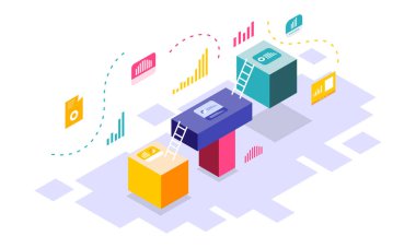 Isometric Computing Business Illustration Vector Modern izometrik vektör çizimi dijital cihazlar, ofis kurulumu, takım çalışması ve bulut teknolojisi içeren bir bilgisayar işi konsepti