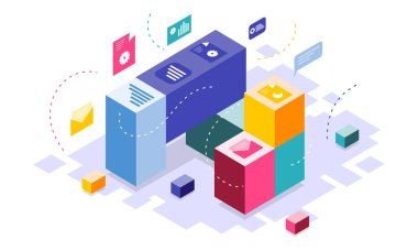 Isometric Computing Business Illustration Vector Modern izometrik vektör çizimi dijital cihazlar, ofis kurulumu, takım çalışması ve bulut teknolojisi içeren bir bilgisayar işi konsepti