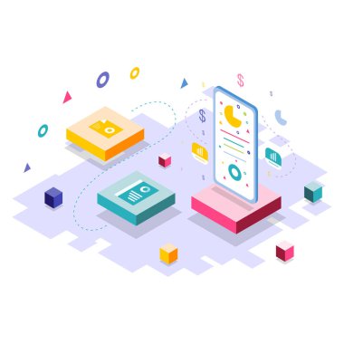 Isometric Computing Business Illustration Vector Modern izometrik vektör çizimi dijital cihazlar, ofis kurulumu, takım çalışması ve bulut teknolojisi içeren bir bilgisayar işi konsepti
