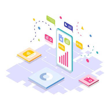 Isometric Computing Business Illustration Vector Modern izometrik vektör çizimi dijital cihazlar, ofis kurulumu, takım çalışması ve bulut teknolojisi içeren bir bilgisayar işi konsepti